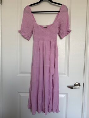 Smocked Square Neck Midi Dress in pink